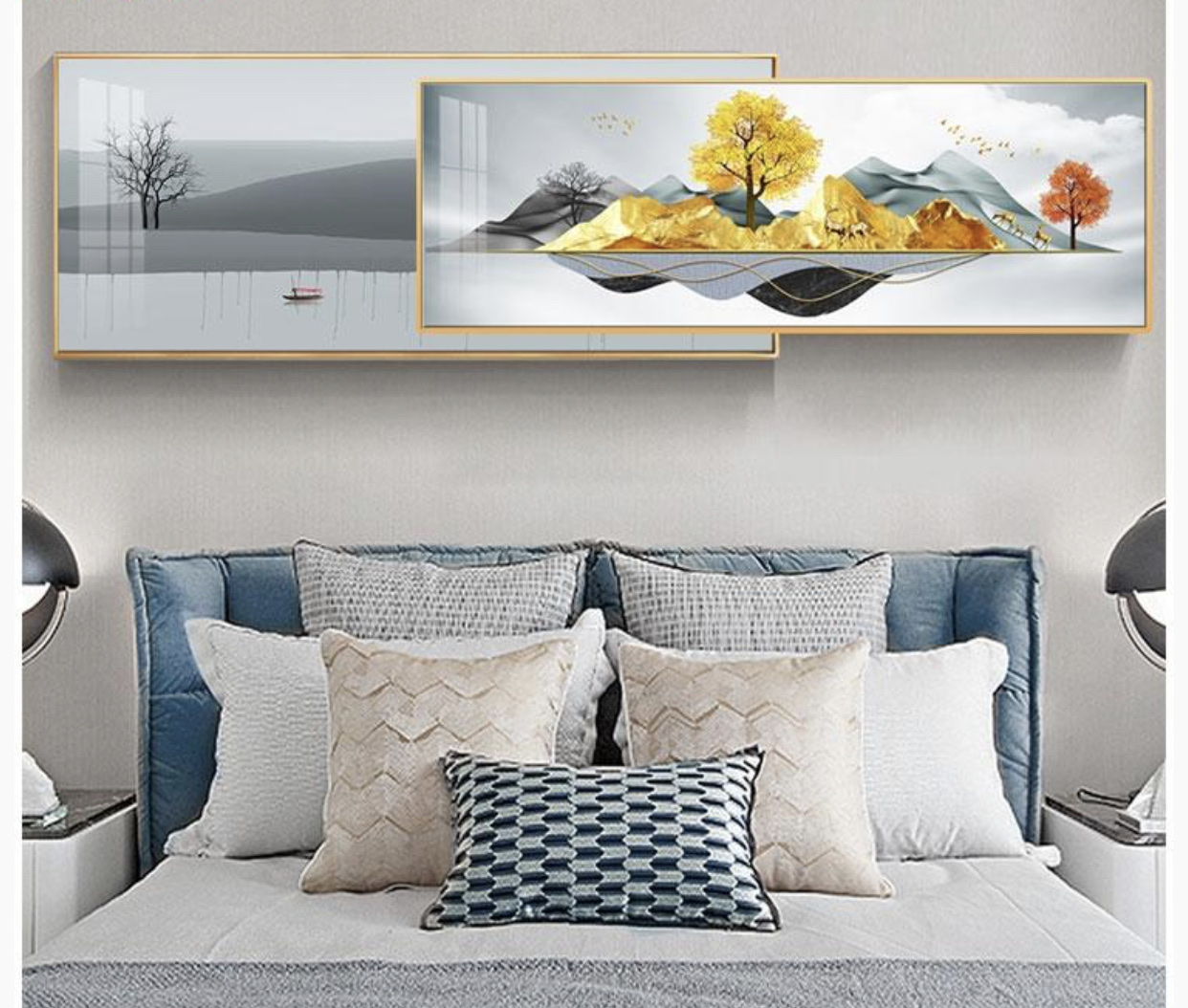 A series of landscape paintings within paintings on crystal porcelain bedside tables Application Scenario