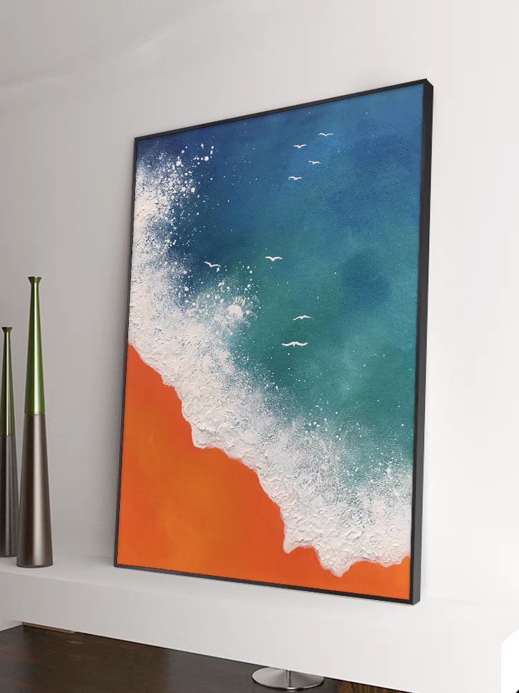 Hand-painted oil paintings, abstract sea landscape decorative paintings, entrance hall, living room background wall, modern corridor, light luxury hanging paintings, floor-standing details Picture
