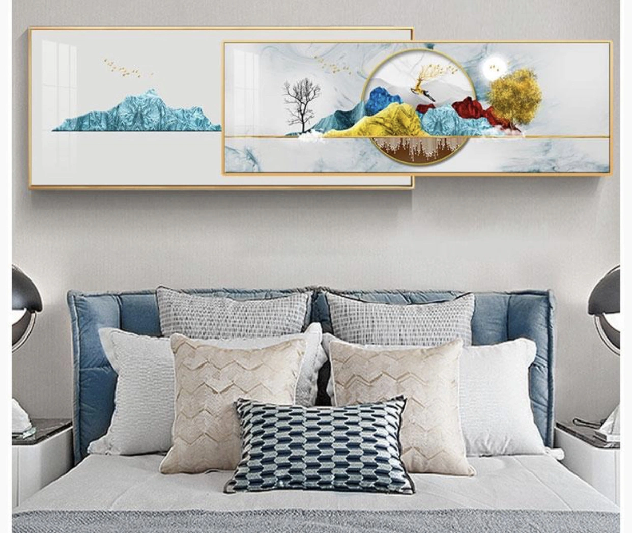 A series of landscape paintings within paintings on crystal porcelain bedside tables detail image 3