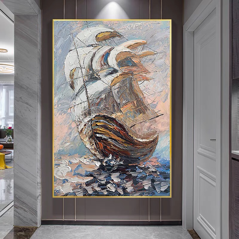 纯手绘帆船油画抽象风景简约客厅装饰画乘风破浪立体玄关走廊挂画
