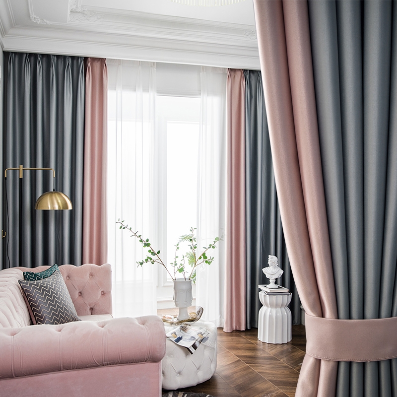 2021年新款轻奢真丝棉全遮光窗帘卧室简约现代拼接北欧风拼色客厅，