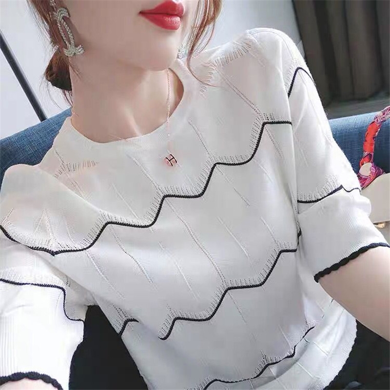 潮牌2021夏季女装新款冰丝短袖t恤女韩版宽松条纹针织衫上衣