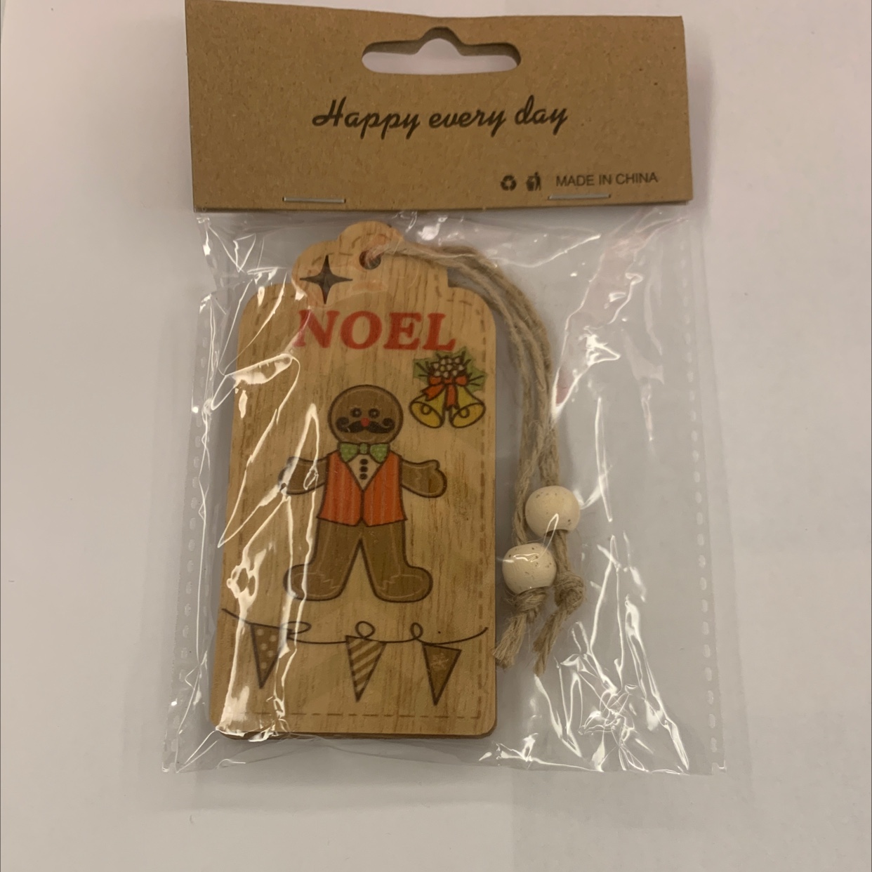 Grey background with color-printed Christmas hemp rope, two strings of natural wood-colored wood beads, one package, gift decoration, wooden 108 detail image 1