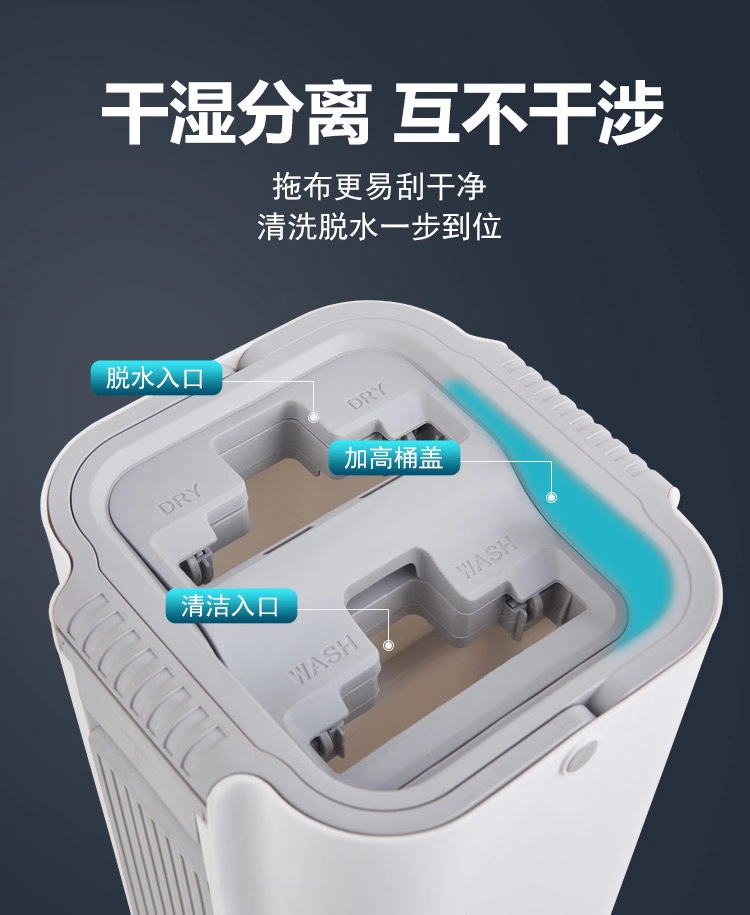 洗脱合一轻松省力
免手洗
轻松洗脱
一刮搞定
干湿分离 互不干涉
拖布更易刮干净清洗脱水一步到位产品图