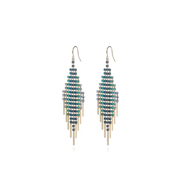 Colorful zircon long earrings with ear hooks, retro and unique, long super flash zircon, ethnic style, versatile, tassel seven-color earrings, copper earrings, Yiwu zircon