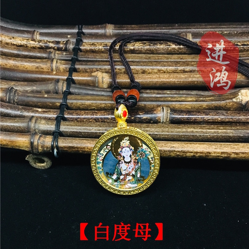 Golden round Thangka pendant necklace, gilded pendant necklace, white tara pendant necklace