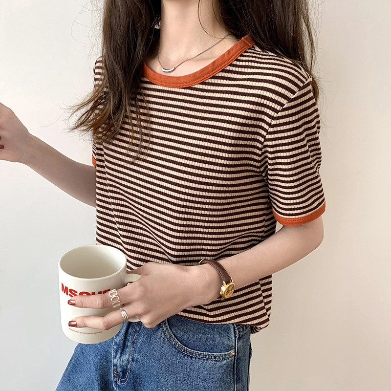 潮牌条纹T恤女2021夏季新款韩版宽松坑条圆领百搭短袖上衣ins