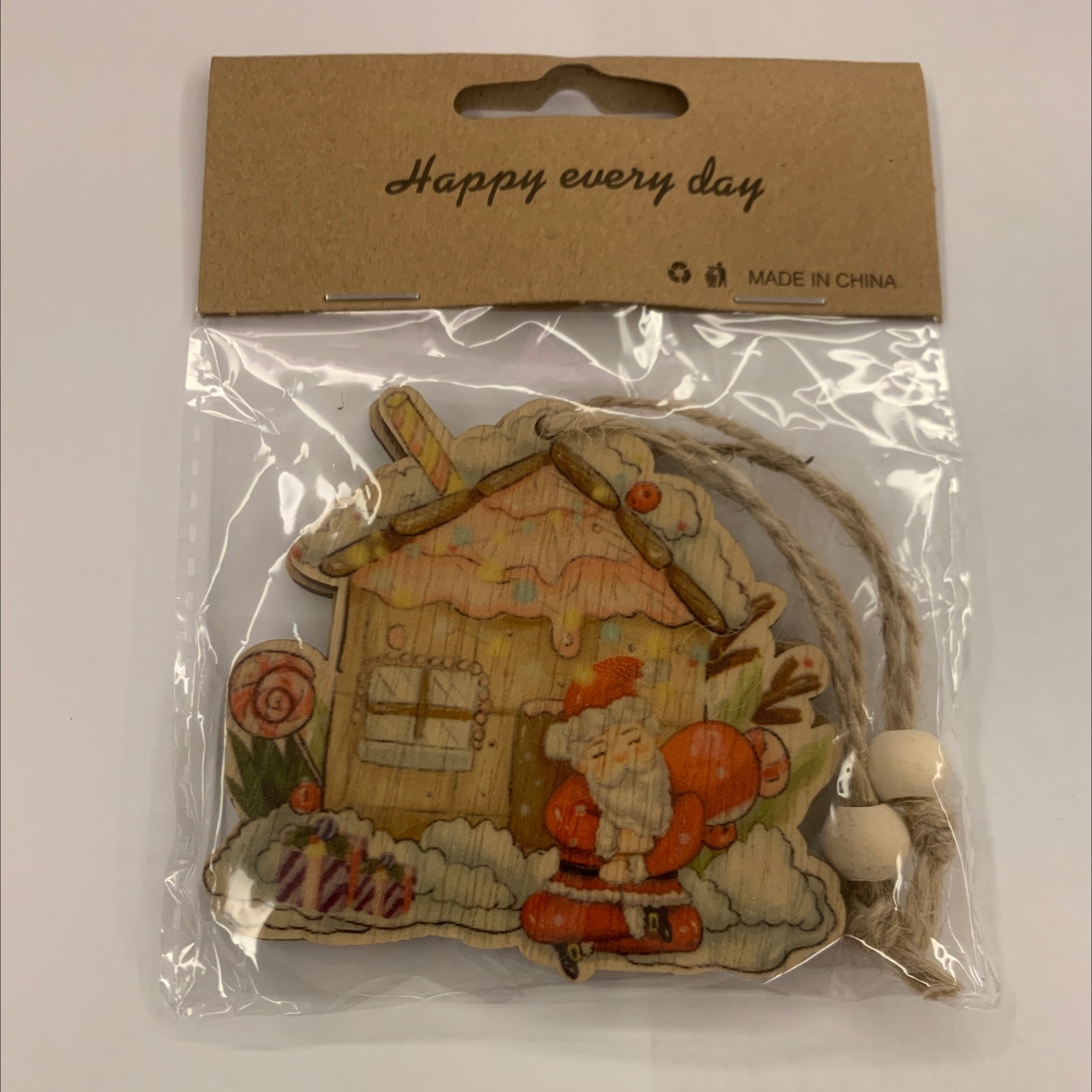 Grey background with color-printed Christmas hemp rope, two strings of natural wood-colored wood beads, one package, gift decoration, wooden 64 detail image 1