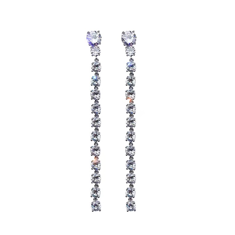 Bohemian folk style long style fringe zircon earrings