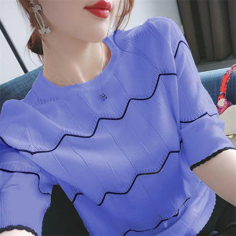 潮牌2021夏季女装新款冰丝短袖t恤女韩版宽松条纹针织衫上衣细节图