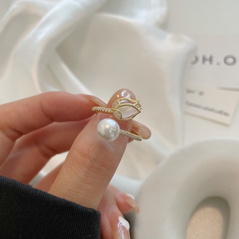 郁金香小众设计锆石戒指女轻奢时尚开口可调节指环精致个性食指戒图