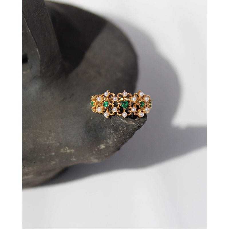 Xin Ai Love - 0083 Copper plated gold antique court style carved lace emerald jewel set pearl ring female thumbnail