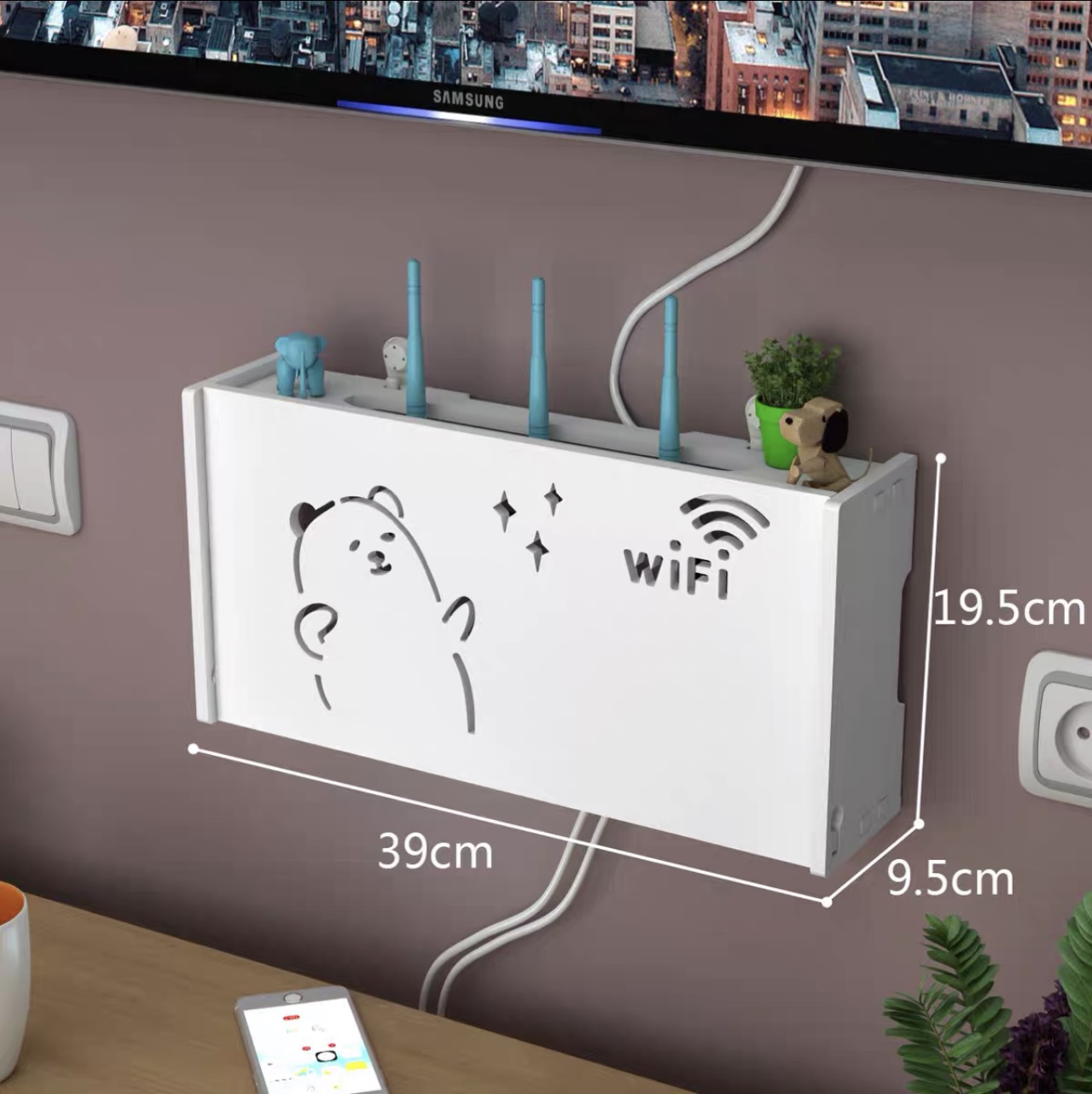 无线路由器收纳盒壁挂式免打孔WiFi置物架猫装饰遮挡箱机顶盒架子 翻盖款 仰望星空