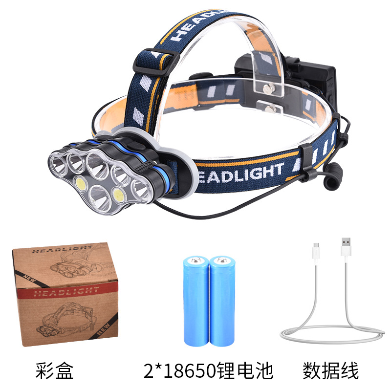 跨境新款款7LED8LED头灯 多功能头灯强光远射USB充电COB红光头灯白底实物图