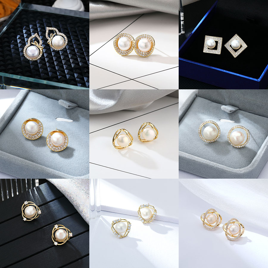 s925 Sterling silver earpin Copper microinset Zircon ins natural freshwater pearl geometric simple earrings female wholesale 6