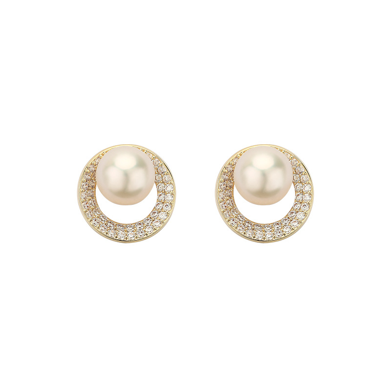 s925 Sterling silver earpin Copper microinset Zircon ins natural freshwater pearl geometric simple earrings Female wholesale 4