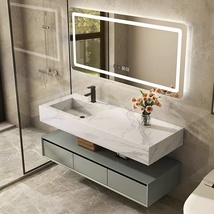 现代轻奢岩板一体盆浴室柜组合实木大理石洗脸盆洗手卫生间