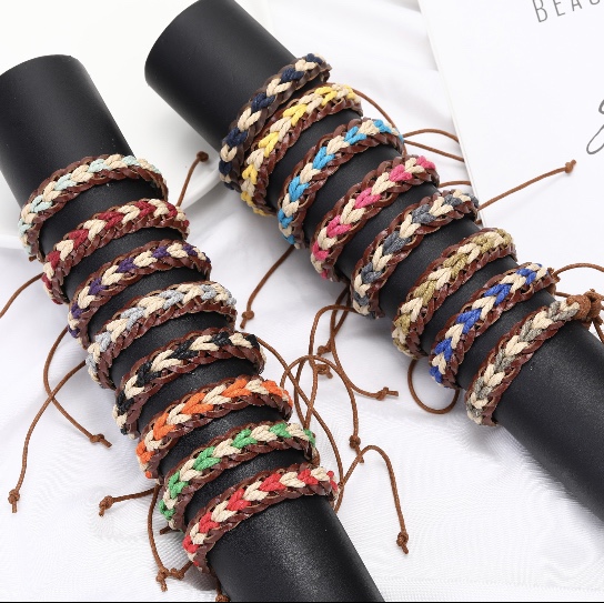 真皮彩红彩色棉绳编手环，个性十足、时尚潮流休闲百搭真皮彩色手环