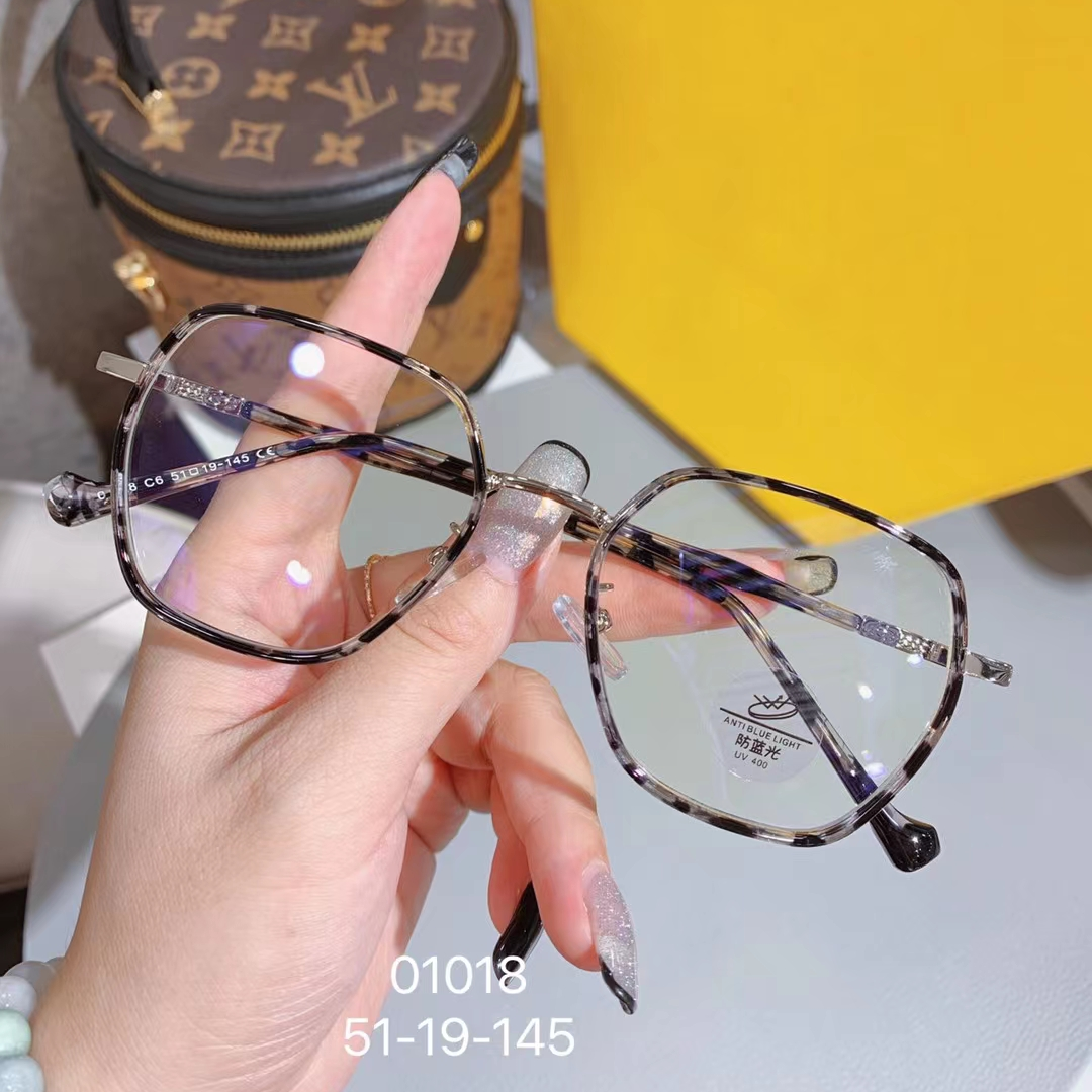 01018灰豹纹眼镜框眼镜架金属圈中圈方形V边型镜架长胶套防过敏镜腿
