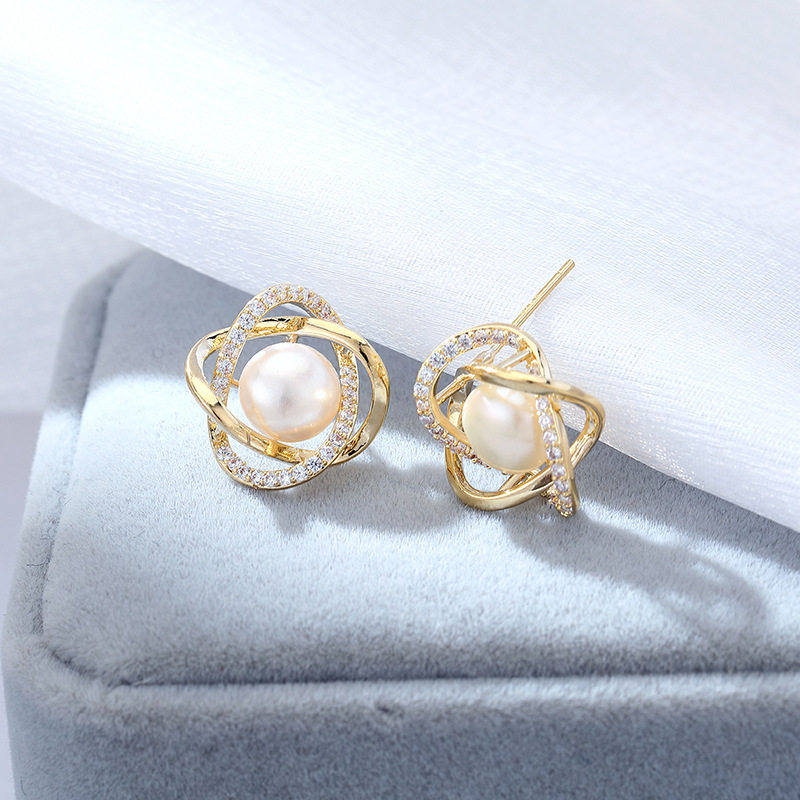 s925 Sterling Silver earpin Copper microinset Zircon ins natural freshwater pearl geometric simple earrings