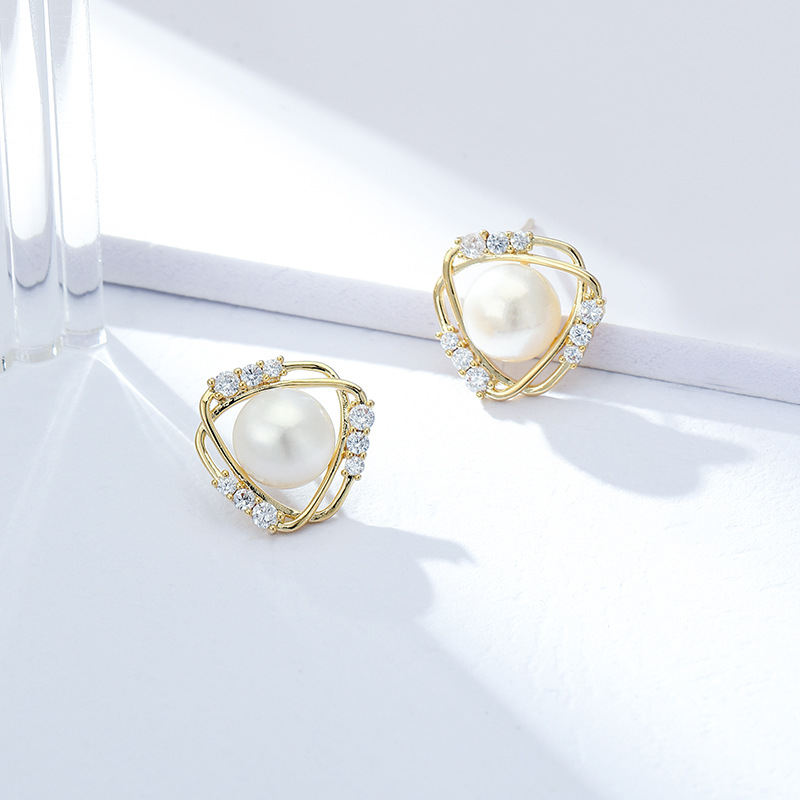 s925 Sterling silver earpin Copper microinset zircon ins natural freshwater pearl geometric simple earrings female wholesale