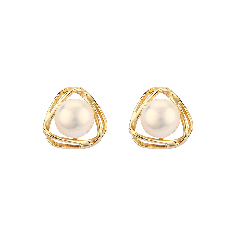 s925 Sterling silver earpin Copper microinset Zircon ins natural freshwater pearl geometric simple earrings female wholesale 3