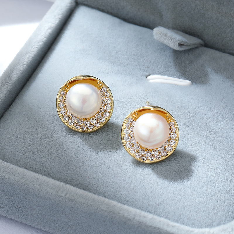 s925 Sterling Silver earpin Copper Microinset Zircon ins natural freshwater pearl geometric simple earrings 1