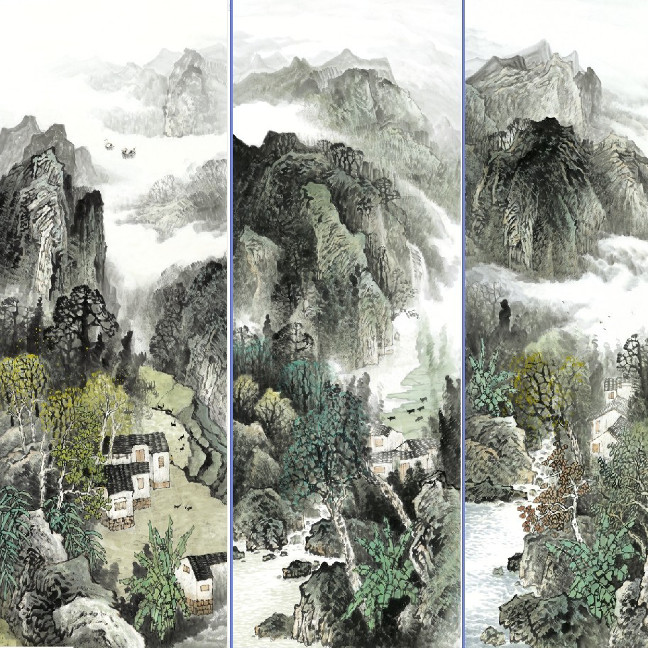 Set Of Painting Strip Screen Screen Scroll Painting Chinese Painting Hanging Painting Porch Three Feet Four Feet Landscape Painting Decorative Painting full figure