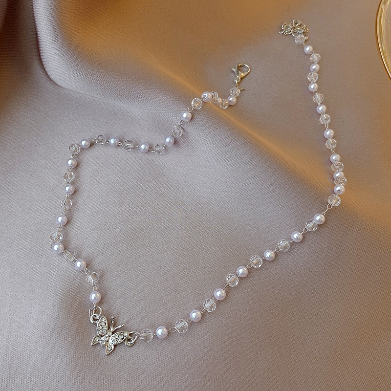 Korean super sin ins pearl crystal butterfly chain tide network red niche design collar collar chain choker