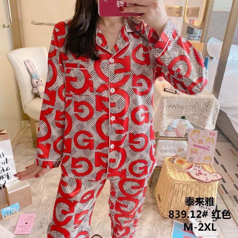 Pajamas lady cotton silk color spring and autumn summer ice silk screen printing flower thin large size summer simulation silk screen red new home clothing two-piece set thumbnail