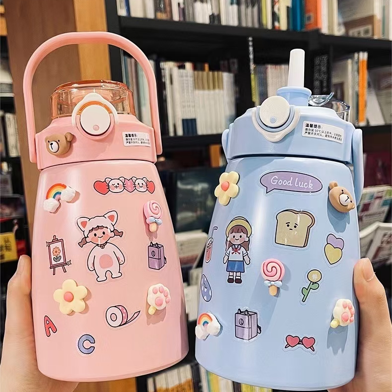 Stainless Steel Thermos Cup Women With Straw Cute Portable Cup Students Portable Children's Internet Celebrity Pot Belly Water Cup