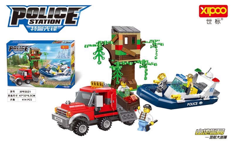Puzzle building blocks XP93521 police boat big chase inside lozenge number 414PCS size 47*33*6.5CM scene type assembly full figure