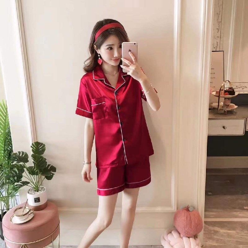 睡衣女夏季仿真丝纯色薄款大码夏天防真丝新款短袖短裤网红家居服两件套装