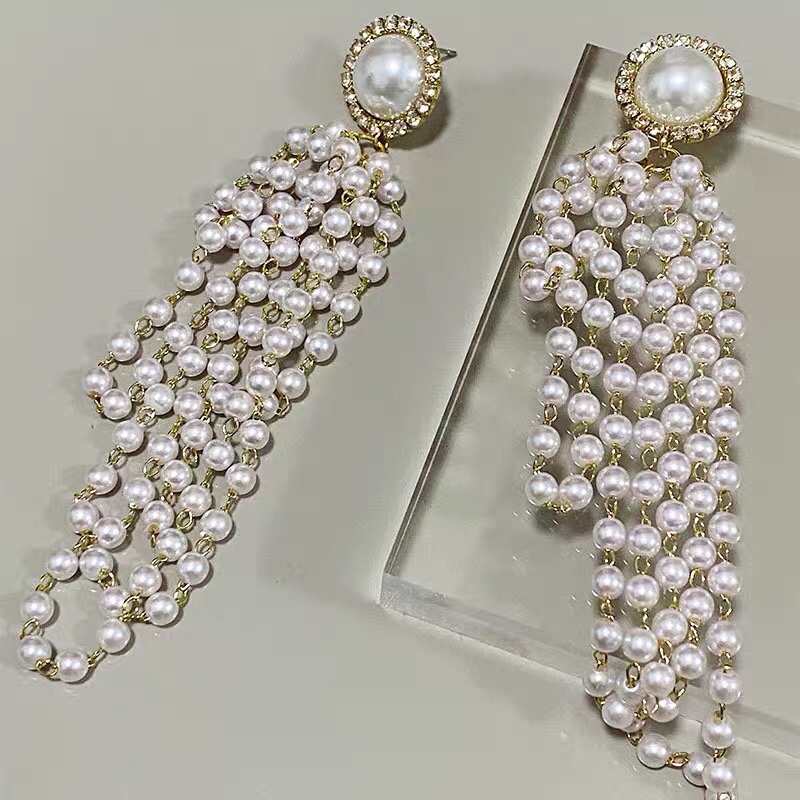 Japan and South Korea new pearl exaggerated fringe rhinestones French long temperament earrings drop earrings for women thumbnail