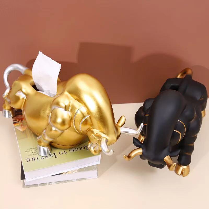 金色，黑色，树脂卡通牛抽纸盒装饰品客厅摆件