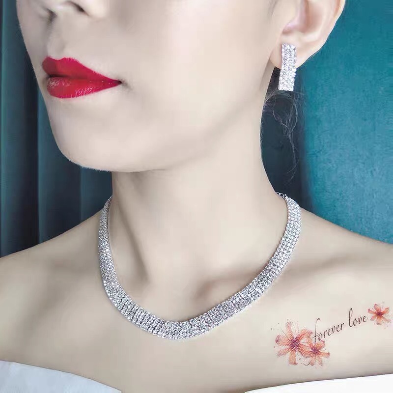 Chinese bride simple rhinestone multi-layer necklace earrings set wedding dress with accessories wedding little fresh