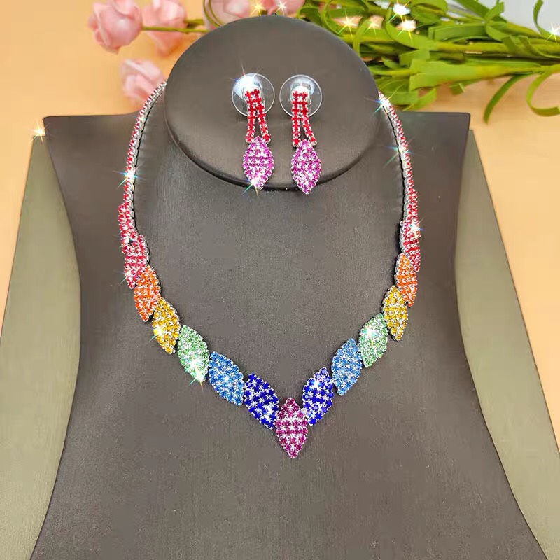 Earrings earrings necklace set combination super flash color collarbone chain women's wedding jewelry bridal jewelry