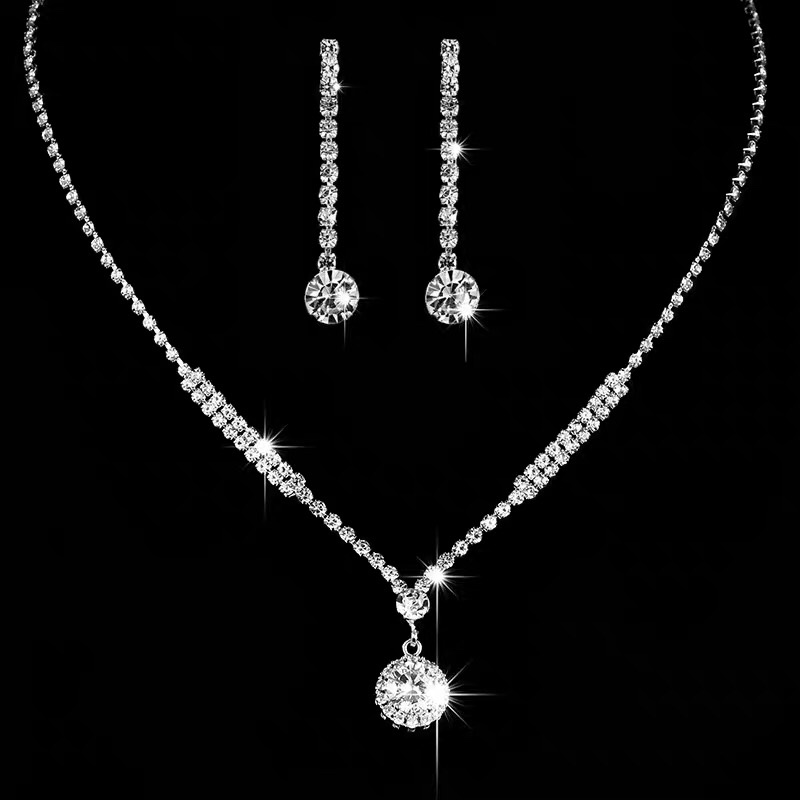 Shiny silver plated Korean rhinestone necklace earrings set wedding bridal accessories