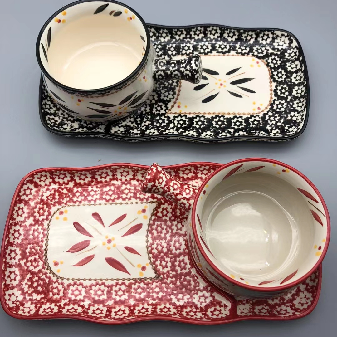 方圆陶瓷民族风早餐奶锅加托盘FY8568585