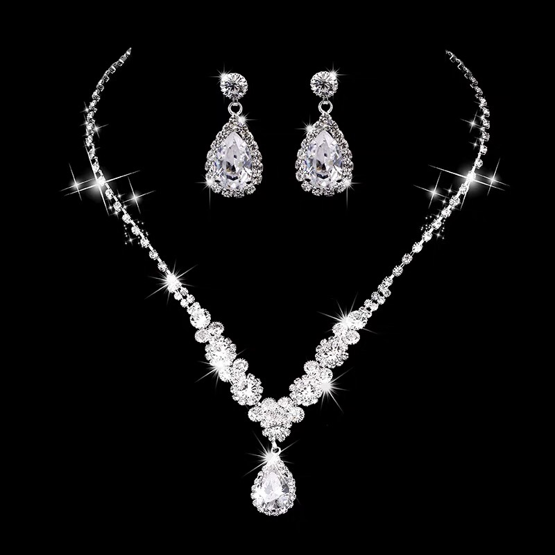 Bridal jewelry processing bright diamond zircon angel tears drop silver necklace earrings