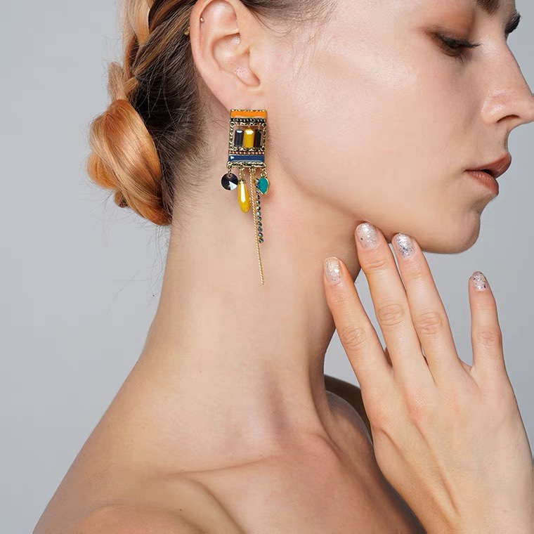 New classic high-end atmospheric colorful hanging water drop round chain earrings copper earrings thumbnail