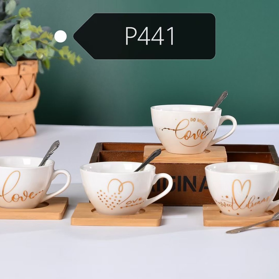 Korean and Japanese popular breakfast cup gift cup with wooden base, LOVE series P4417978 ceramic cup, water cup, breakfast cup, popular bestseller