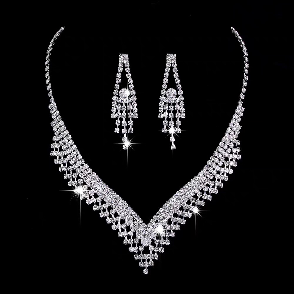 European and American cross-border jewelry high-end exquisite wedding accessories silver plated necklace earrings set thumbnail