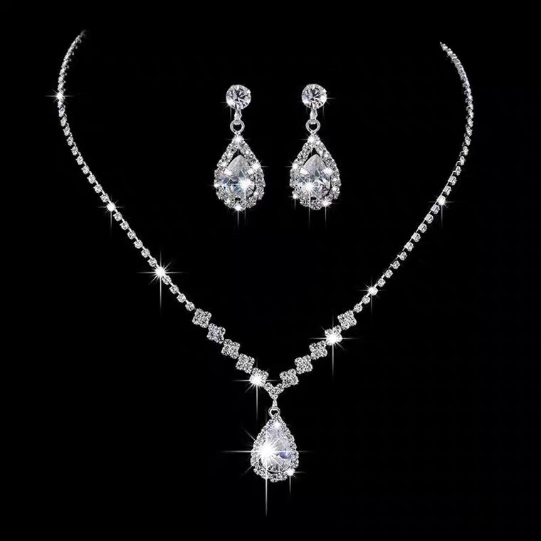 Bright full white diamond zircon water drop necklace earrings bride wedding jewelry shooting jewelry set wedding dress