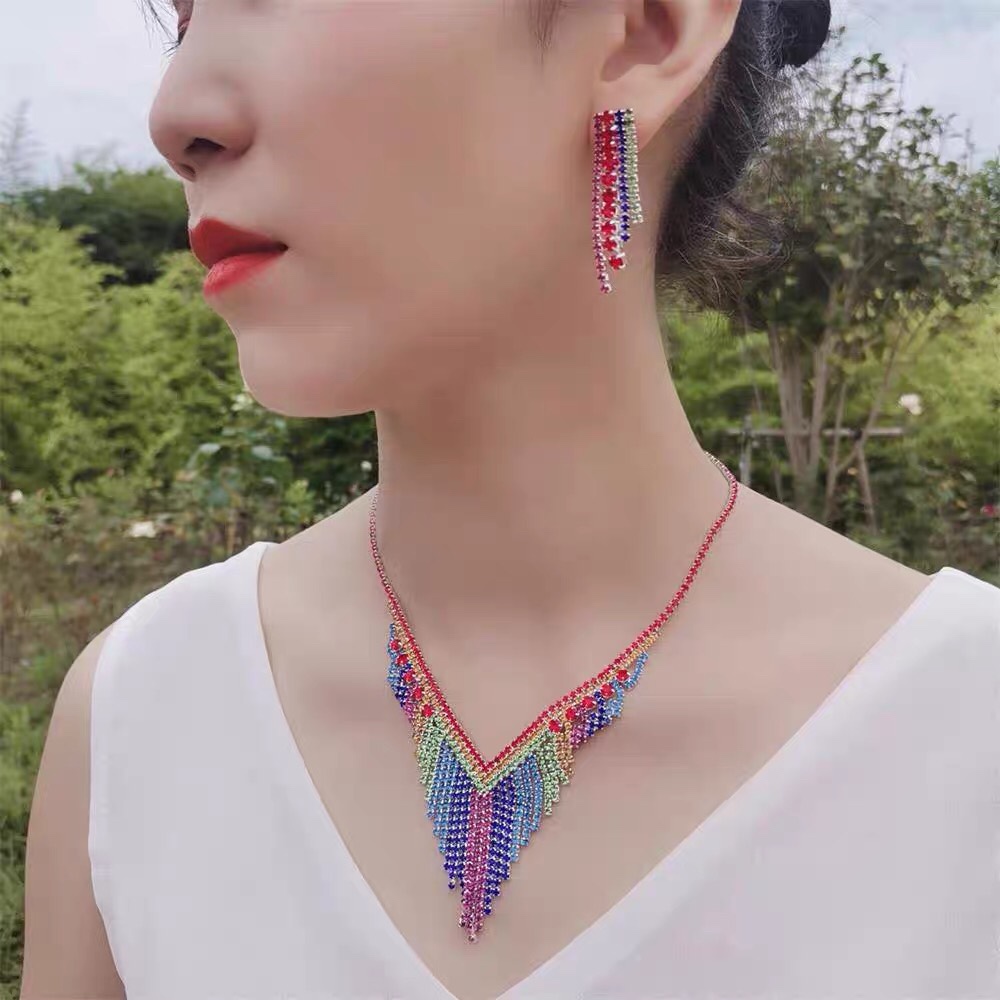 婚礼周年庆典女生服装配饰镀银彩色水钻项链耳环