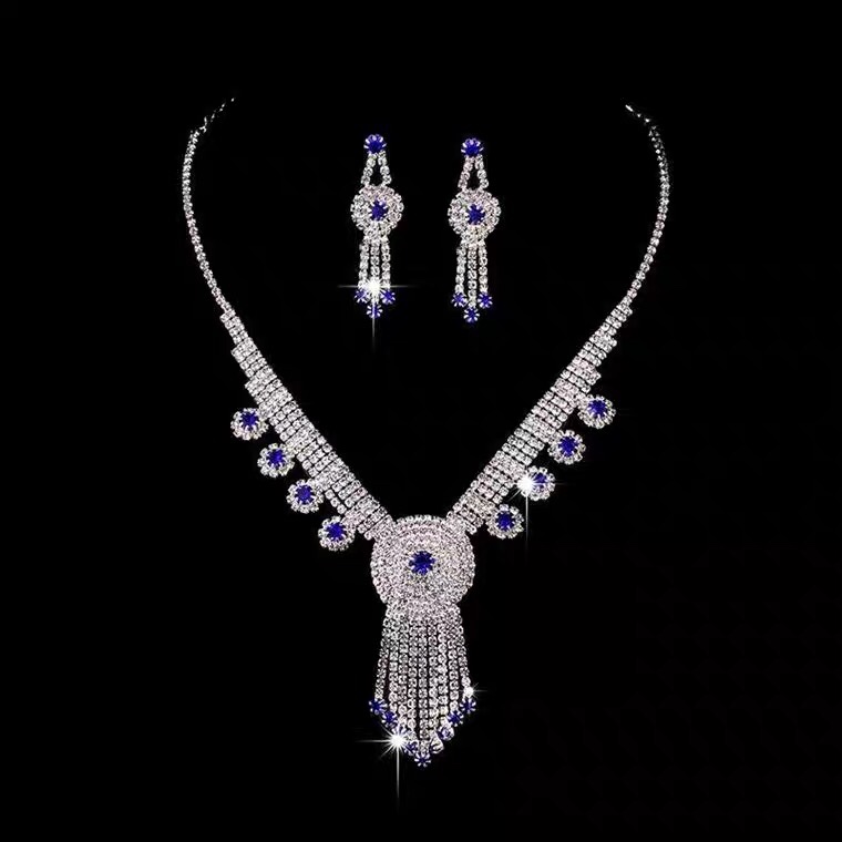Classic silver plated royal blue set diamond necklace earrings set wedding accessories