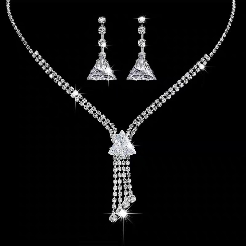 New shiny silver plated Korean rhinestone necklace earring set wedding bridal accessory set chain