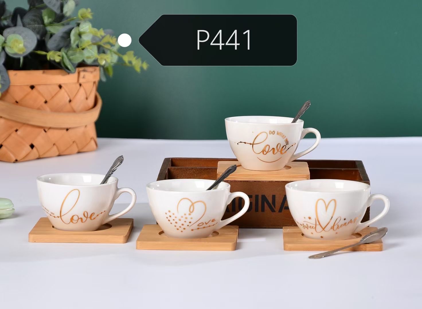 Korean and Japanese popular breakfast cup gift cup with wooden base, LOVE series P4417978 ceramic cup, water cup, breakfast cup, popular bestseller pic 1