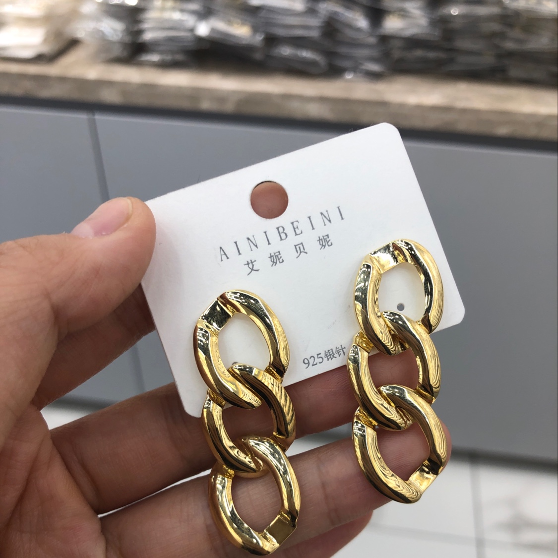 S925银针欧美复古设计金属链条耳环网红个性冷淡风耳坠显脸瘦耳钉