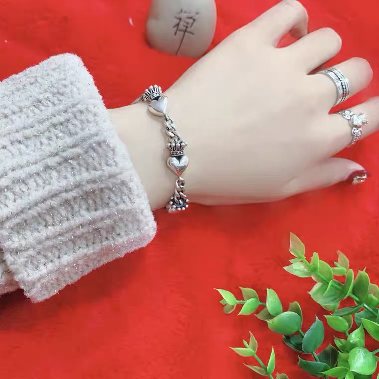美姿雅S925简约爱心皇冠手链韩版时尚实心桃心银链朋克女潮人链子